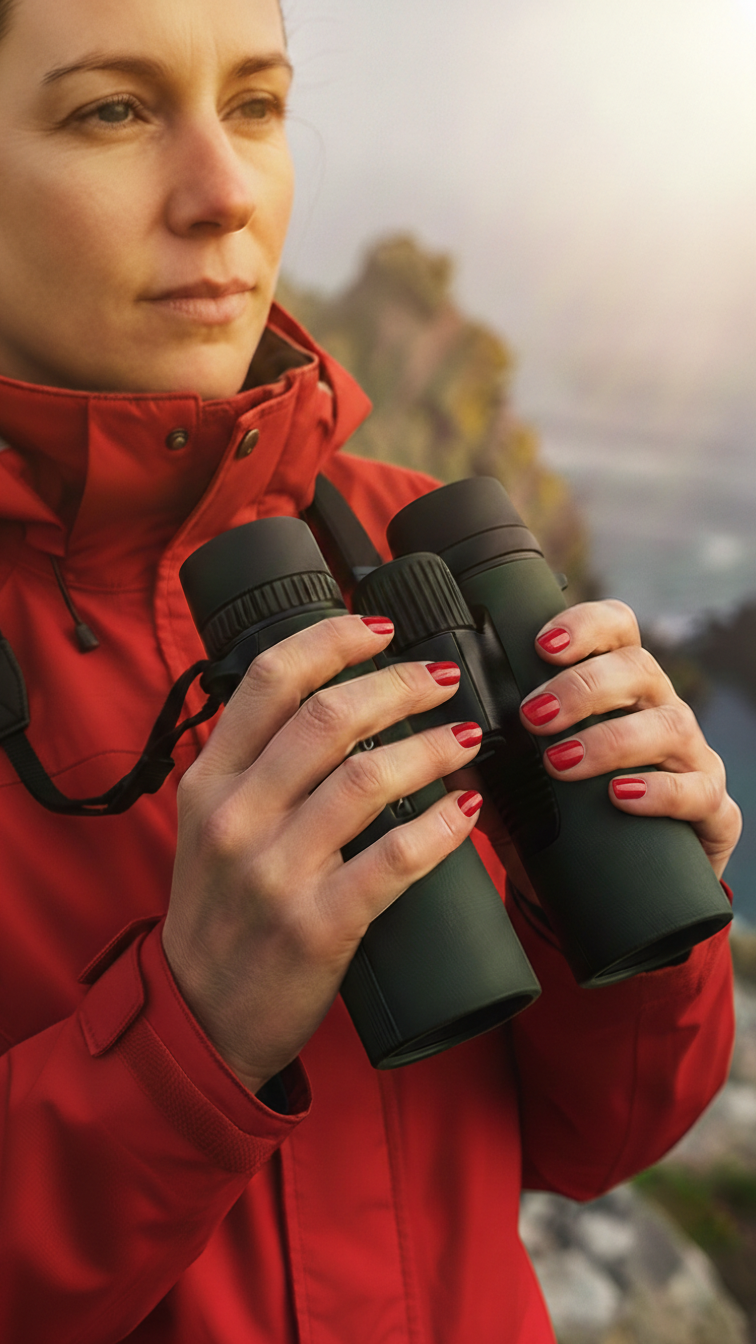 Femme en ciré rouge tient une paires de jumelles avec ses deux mains